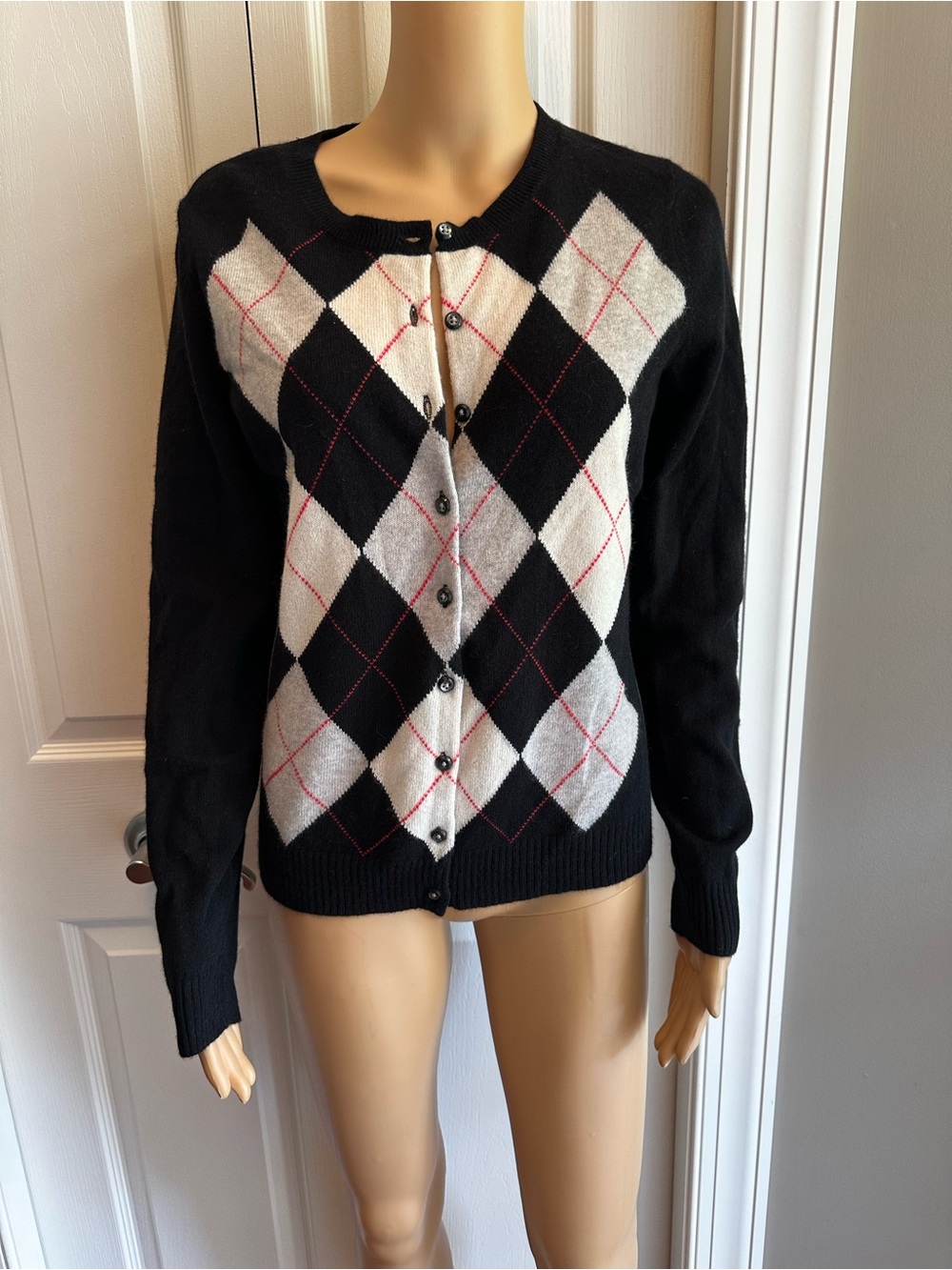 Apt. 9 Black Cashmere Argyle Button-Front Cardigan with Cream and Red Accents